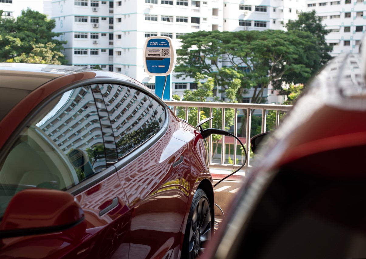 Electric vehicle charging at a CDG ENGIE EV charging point in Singapore