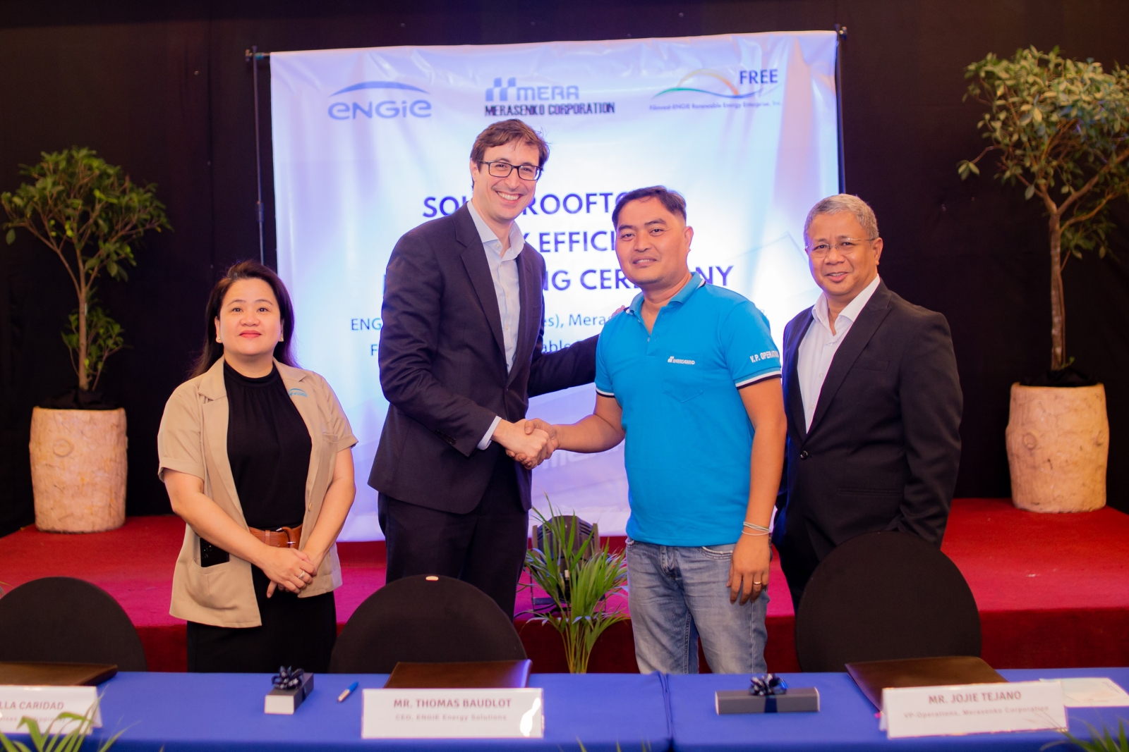 ENGIE, Filinvest and Merasenko have signed an MOU to collaborate on renewable energy and energy efficiency solutions for Merasenko’s project sites in the Philippines. (Left to right: Ms. Louella Caridad, General Manager, ENGIE Services Philippines, Mr. Thomas Baudlot, CEO Energy Solutions APAC, Country Head Southeast Asia, ENGIE South East Asia and Director of FREE, Engr. Jojie Tejano, VP Operations, Merasenko and Mr. Roderick Fernandez, VP for Corporate Planning and Project Development, FDCUI)