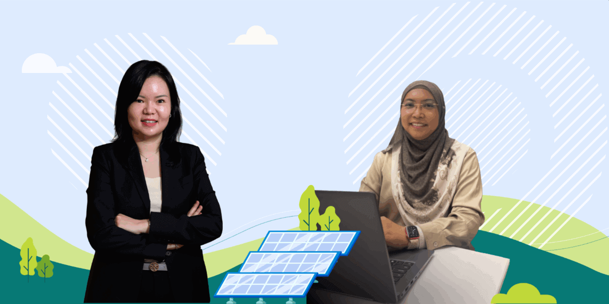 Two women collaborating outdoors on sustainability and renewable energy initiatives.