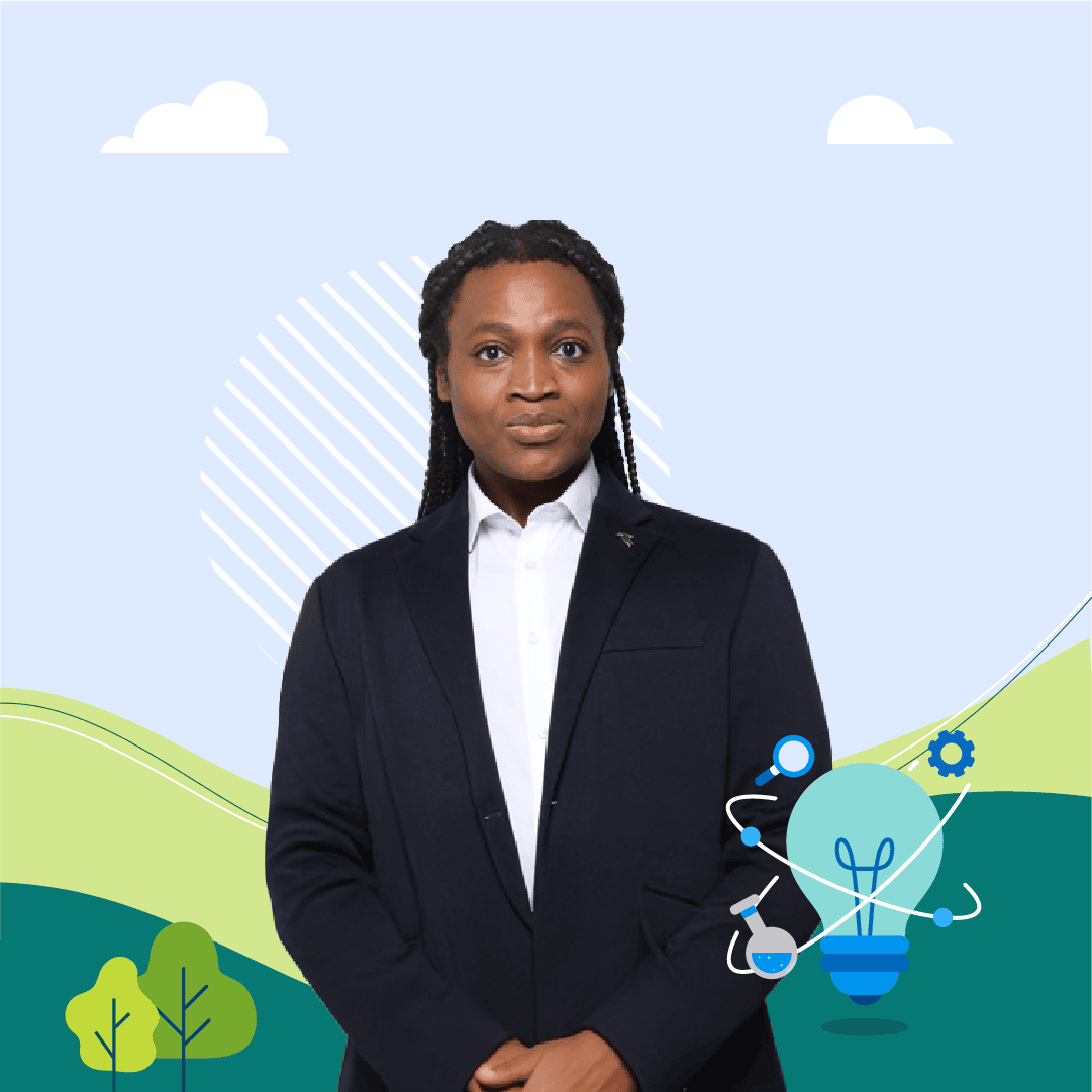 Woman in business suit with sustainable energy icons, promoting net zero goals.